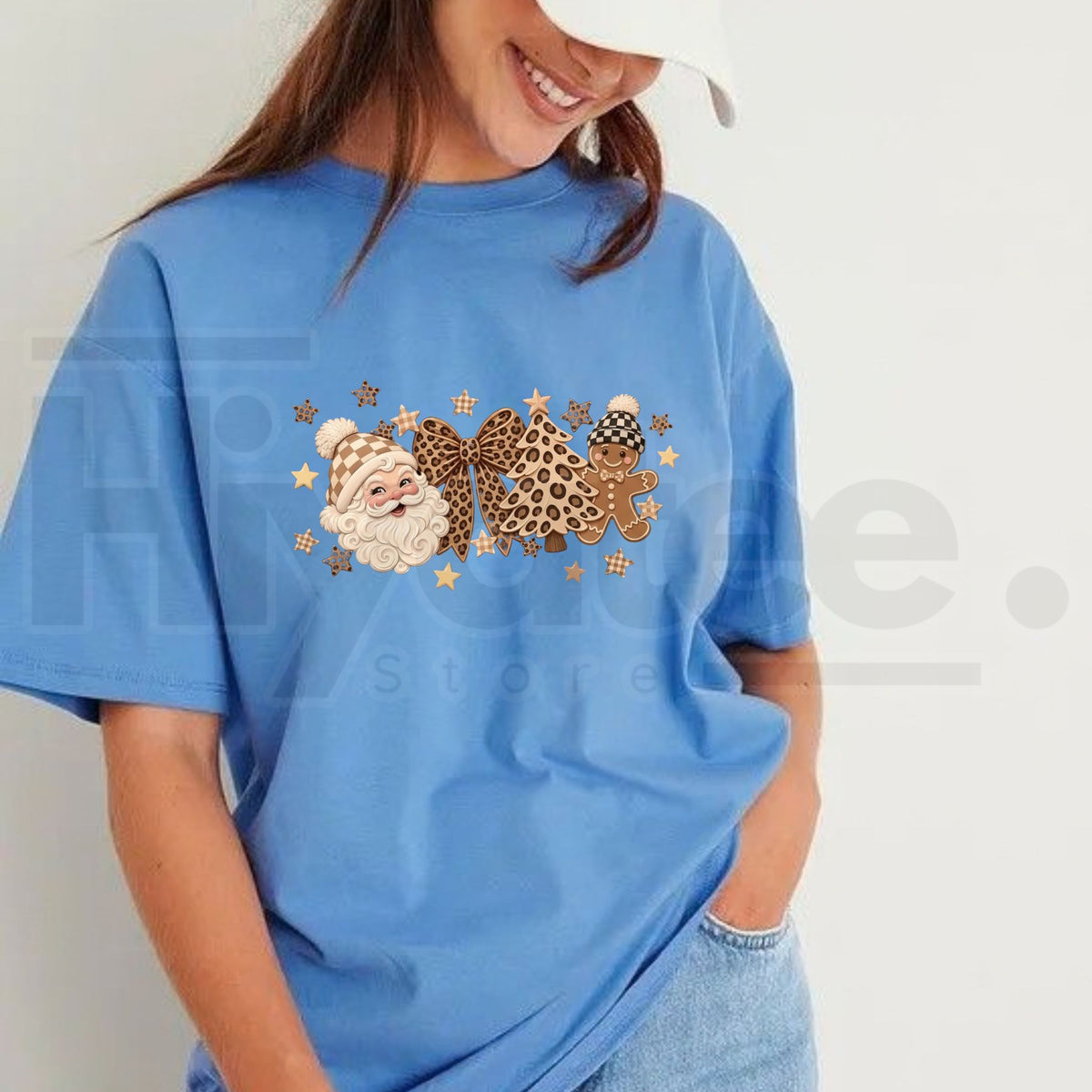 Women's Festive Holiday Aesthetic T-Shirt – Retro Leopard Gingerbread Man & Coquette Bow Tee. - Hiyatee