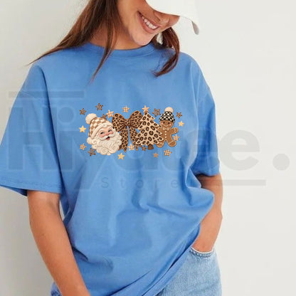 Women's Festive Holiday Aesthetic T-Shirt – Retro Leopard Gingerbread Man & Coquette Bow Tee. - Hiyatee