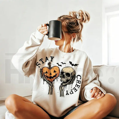 Women’s Halloween Sweatshirt – Retro Dripping Heart & Skeleton Hand Graphic, Grunge Skullfall Crewneck, Spooky Casual Pullover - Hiyatee