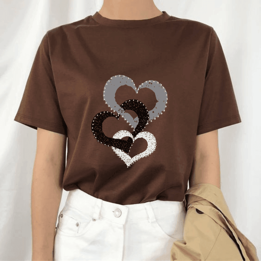Women's Heart Print Drop Shoulder T-shirt, Casual Round Neck Tee for Fall & Winter, Women's Clothes for Daily Wear - Hiyatee