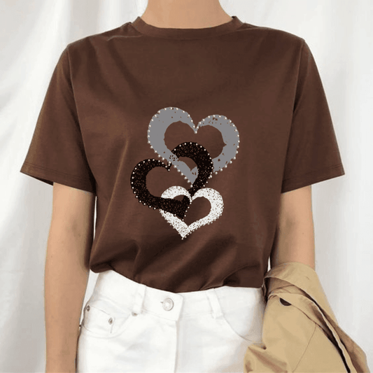 Women's Heart Print Drop Shoulder T-shirt, Casual Round Neck Tee for Fall & Winter, Women's Clothes for Daily Wear - Hiyatee