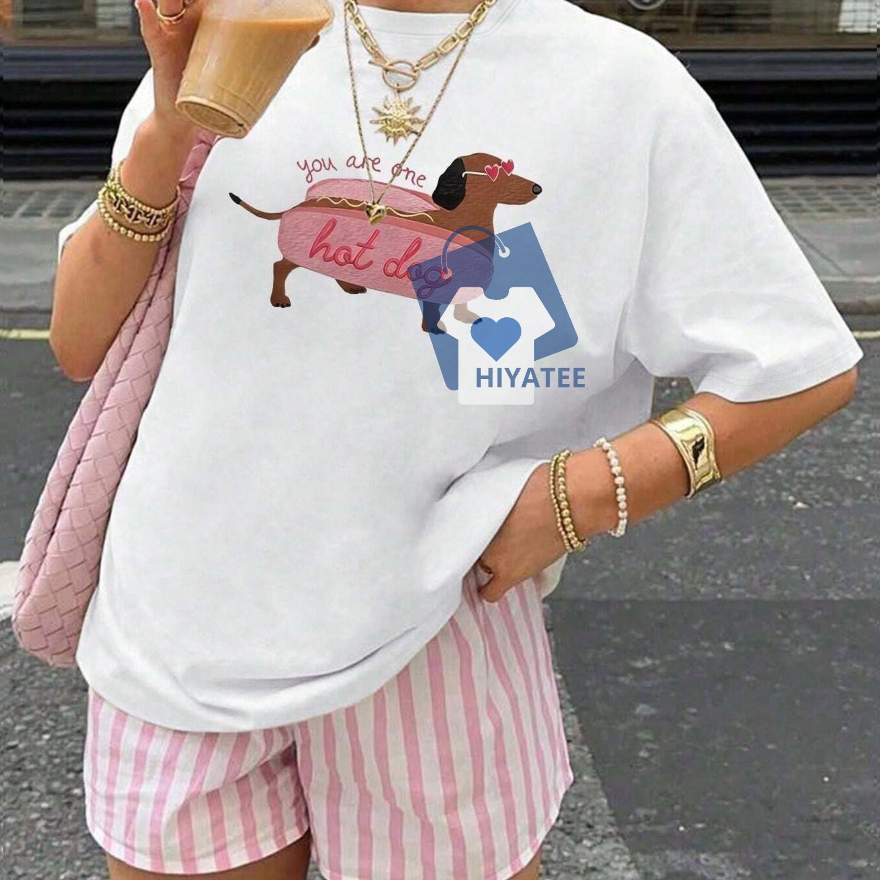 Women's Hot Dog Graphic Print T-Shirt Casual Summer Tee-Hiyatee