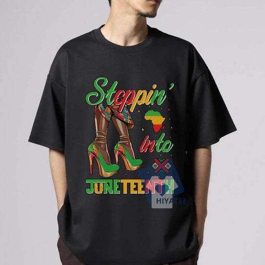 Women's Juneteenth T-Shirt – “Steppin’ Into Juneteenth” Graphic Tee with Africa Flag Colors-Hiyatee