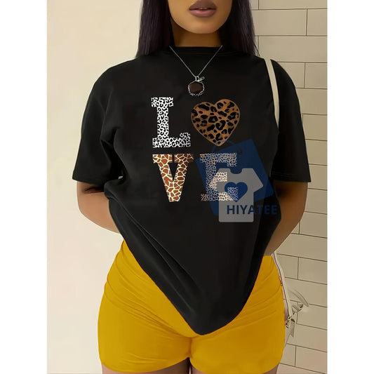Women's LOVE Leopard Heart T-Shirt – Casual Fitted Crewneck Short Sleeve Tee, Stylish All-Season Streetwear-Hiyatee