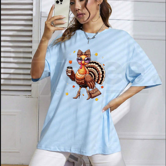 Women's Leopard Turkey Drinking Coffee T-Shirt – Festive Thanksgiving Day Graphic Tee - Hiyatee