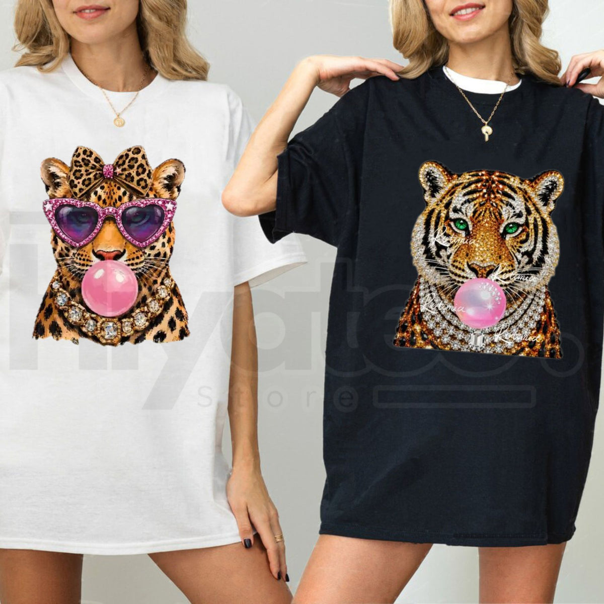 Women's Oversized Chic Crew Neck Glam Tiger Graphic Print Tee - Hiyatee