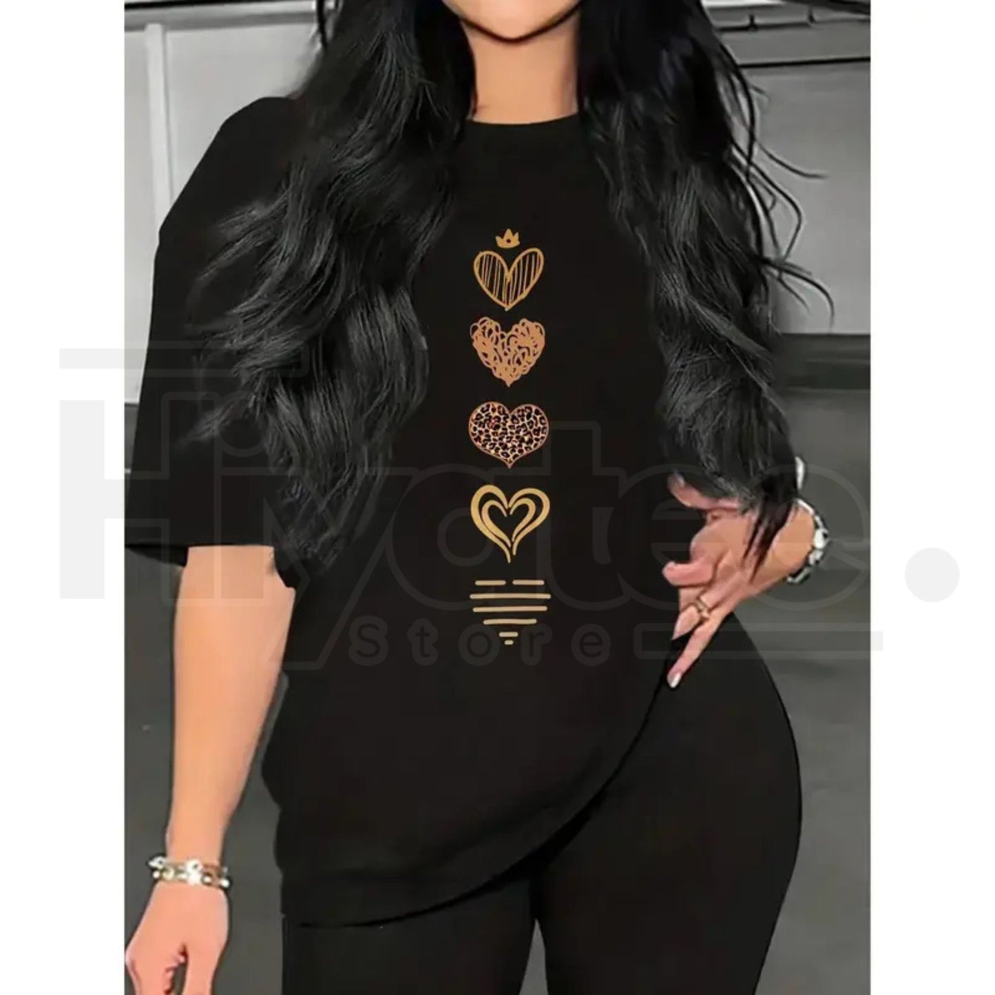 Women's Oversized Heart Print T-Shirt – Casual Cotton Crew Neck Loose Fit Tee - Hiyatee