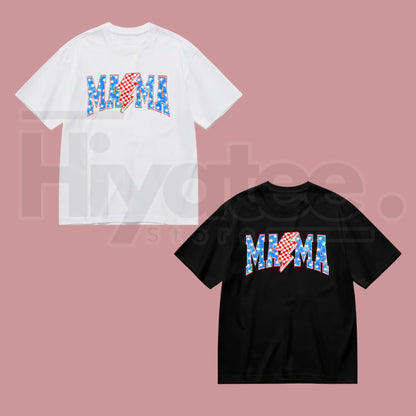 Women's Patriotic Mama Checkered Lightning Bolt Oversized T-Shirt – Retro 4th of July Graphic Tee - Hiyatee