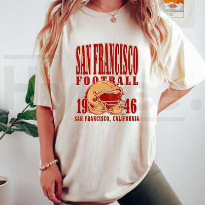 Women's Plus-Size Off-The-Shoulder San Francisco Football 1946 T-Shirt – Vintage Helmet Game Day Top - Hiyatee
