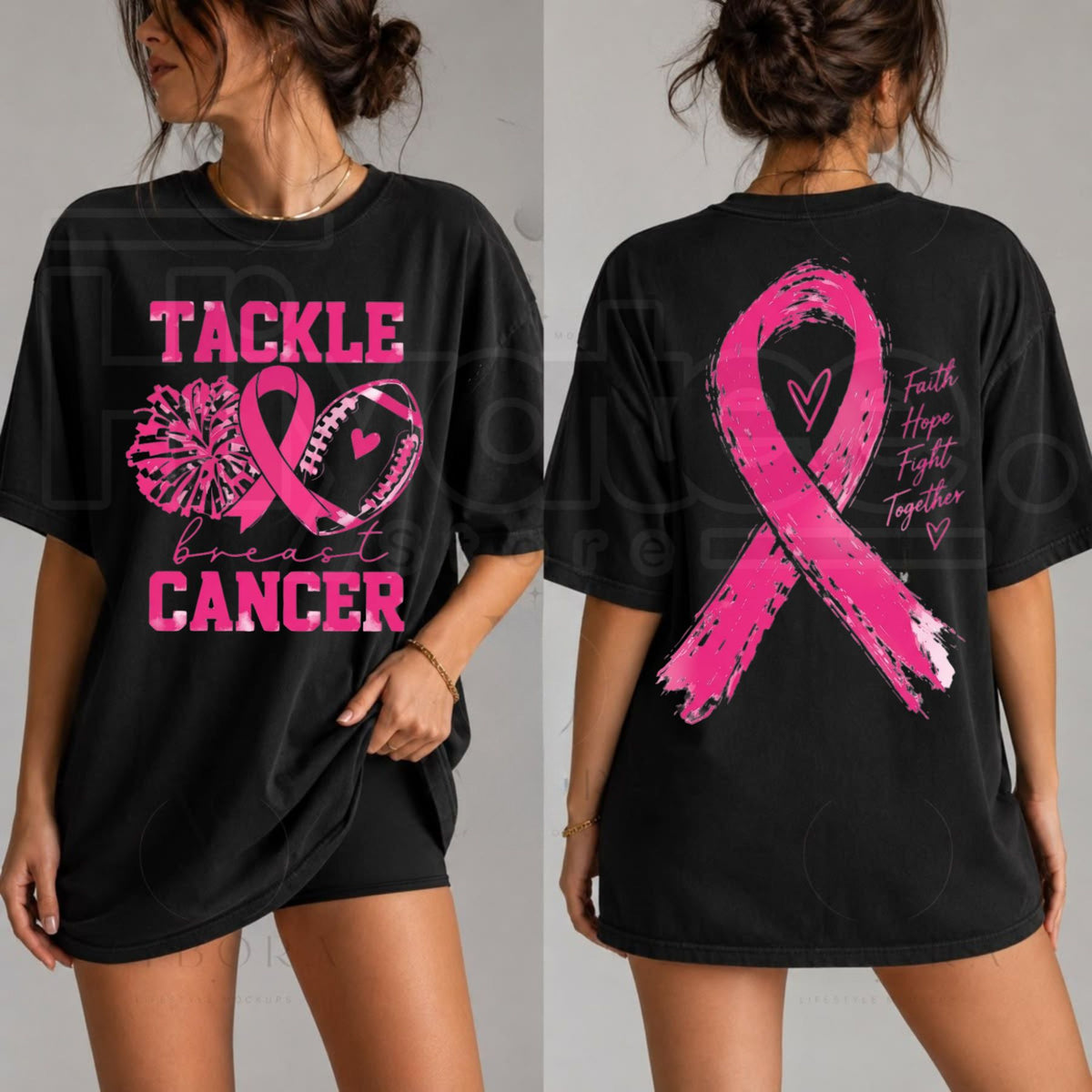 Women's Tackle Breast Cancer Top – Striped Sleeve Graphic Shirt. - Hiyatee