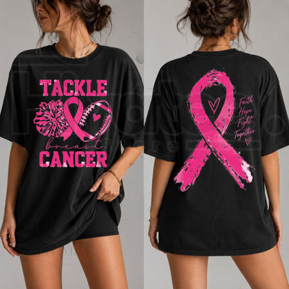 Women's Tackle Breast Cancer Top – Striped Sleeve Graphic Shirt. - Hiyatee