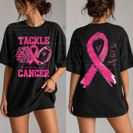 Women's Tackle Breast Cancer Top – Striped Sleeve Graphic Shirt. - Hiyatee