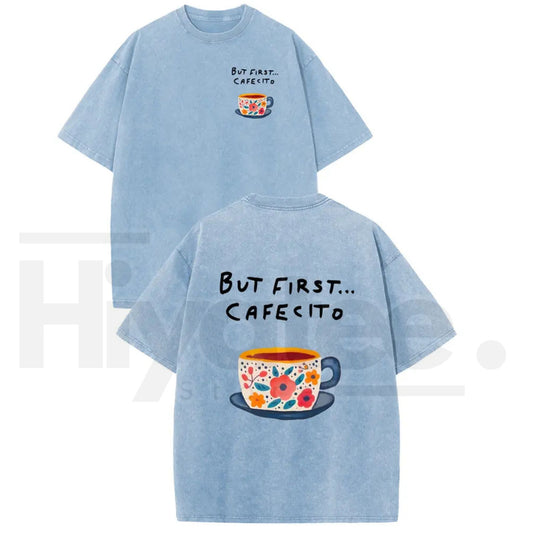 Women's Vintage Acid Washed Coffee Graphic T-Shirt – Casual Thanksgiving Drop Shoulder Top - Hiyatee