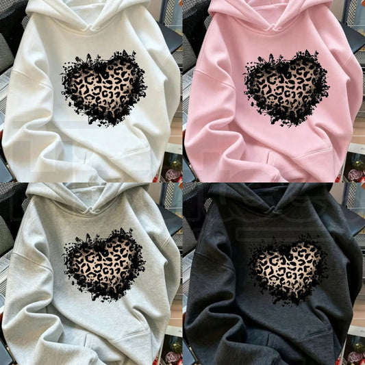 Women's Vintage Distressed Leopard Print Heart Pullover Hoodie - Hiyatee