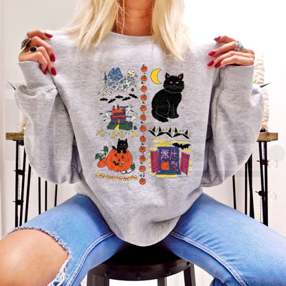 Women's Vintage Halloween Cotton Sweatshirt – Retro Spooky Haunted House Crewneck, 90s Aesthetic Fall Pullover - Hiyatee