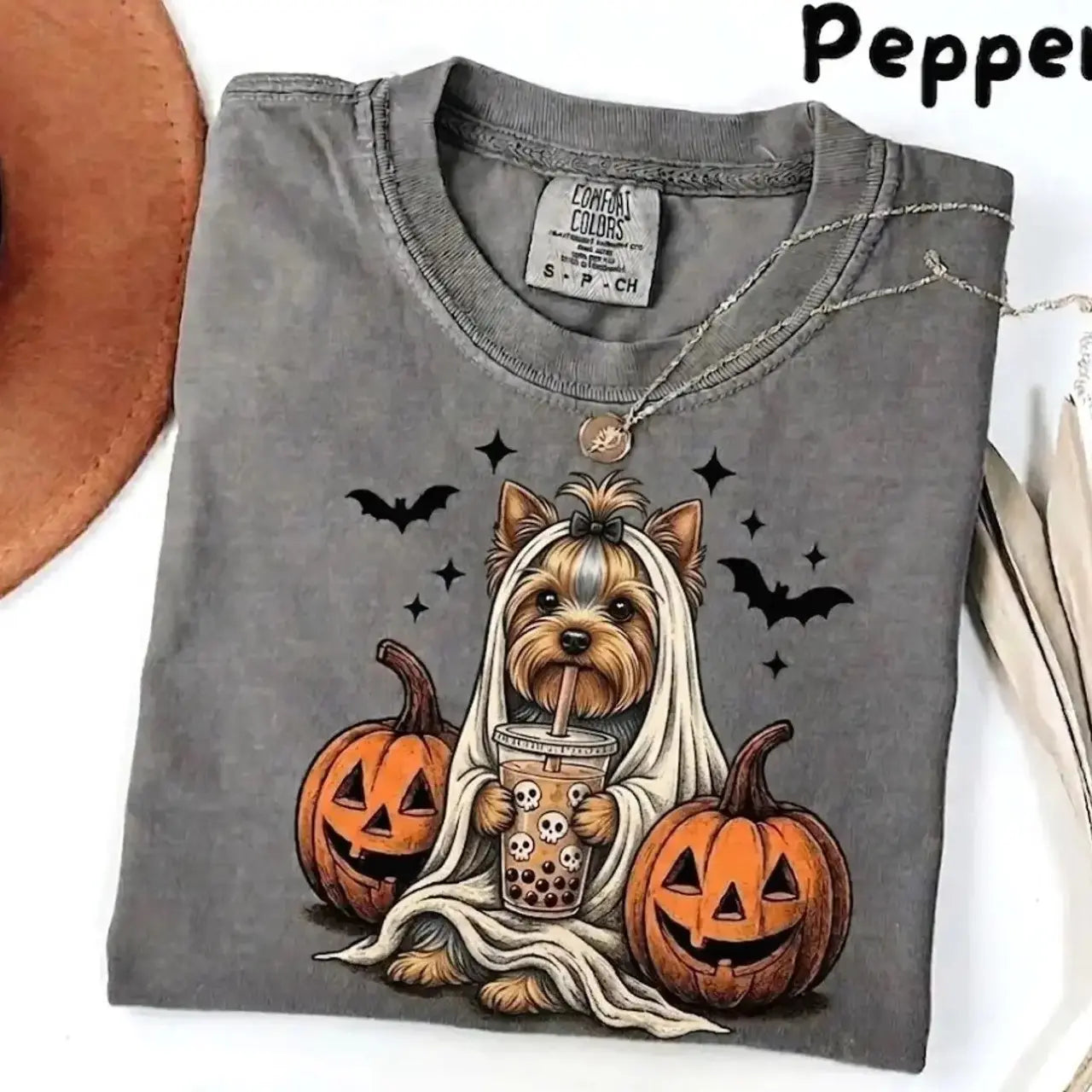 Comfort Colors Pepper Dog Shirt Custom Ghost Boba Tea Halloween Tee