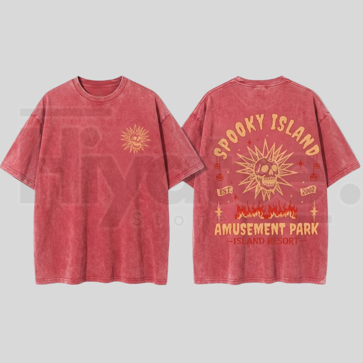 YoungFlame Spooky Island Acid Wash Oversized T-Shirt – Y2K Nostalgic Graphic Tee for Men & Women - Hiyatee