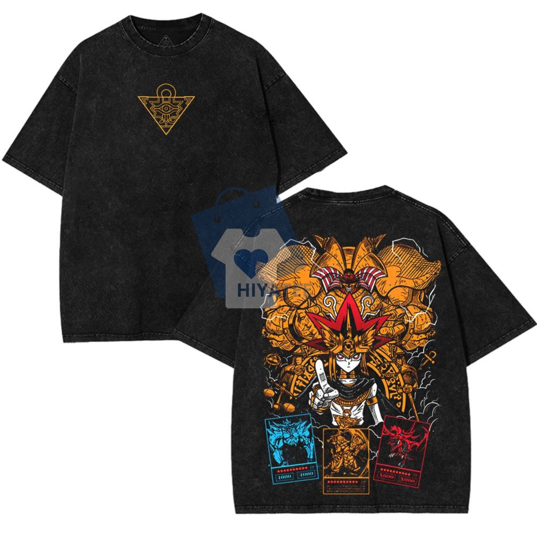 Yugioh God Cards 2-Sided Washed T-Shirt – Exodia, Obelisk, Ra & Osiris Graphic Tee, Anime Manga Gamer Shirt-Hiyatee