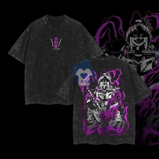 Zoro Asura Oversized Washed Tee – Vintage One Piece Anime T-Shirt for Fans-Hiyatee