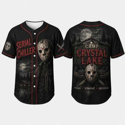 Unisex Horror Graphic Print Baseball Jersey – Slasher Theme Button-Up Shirt