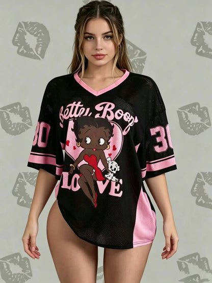 Streetwear Hip-Hop Mesh V-Neck Retro Doll T-Shirt