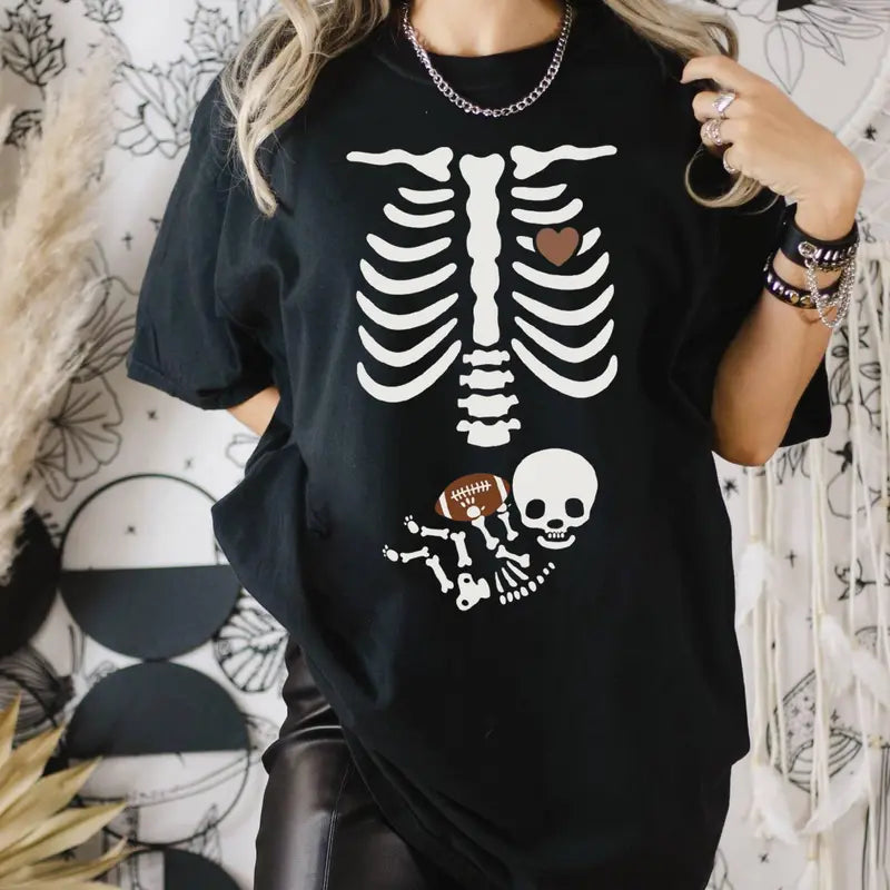 Football Pregnancy Shirt – Pregnant Skeleton Halloween Maternity Tee, Funny Football Mama To Be Sweater, Fall Gift for New Mom