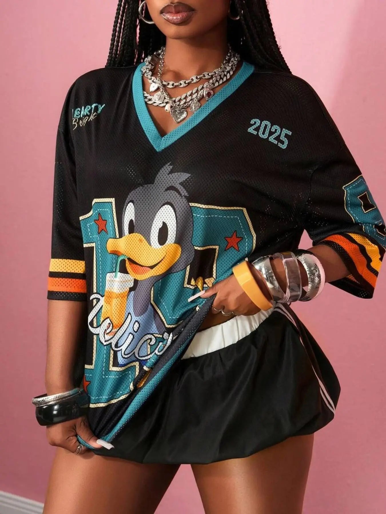 Streetwear Hip-Hop Mesh V-Neck Retro Doll T-Shirt