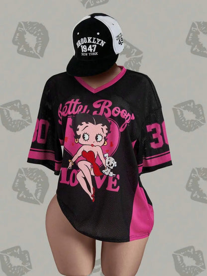 Streetwear Hip-Hop Mesh V-Neck Retro Doll T-Shirt