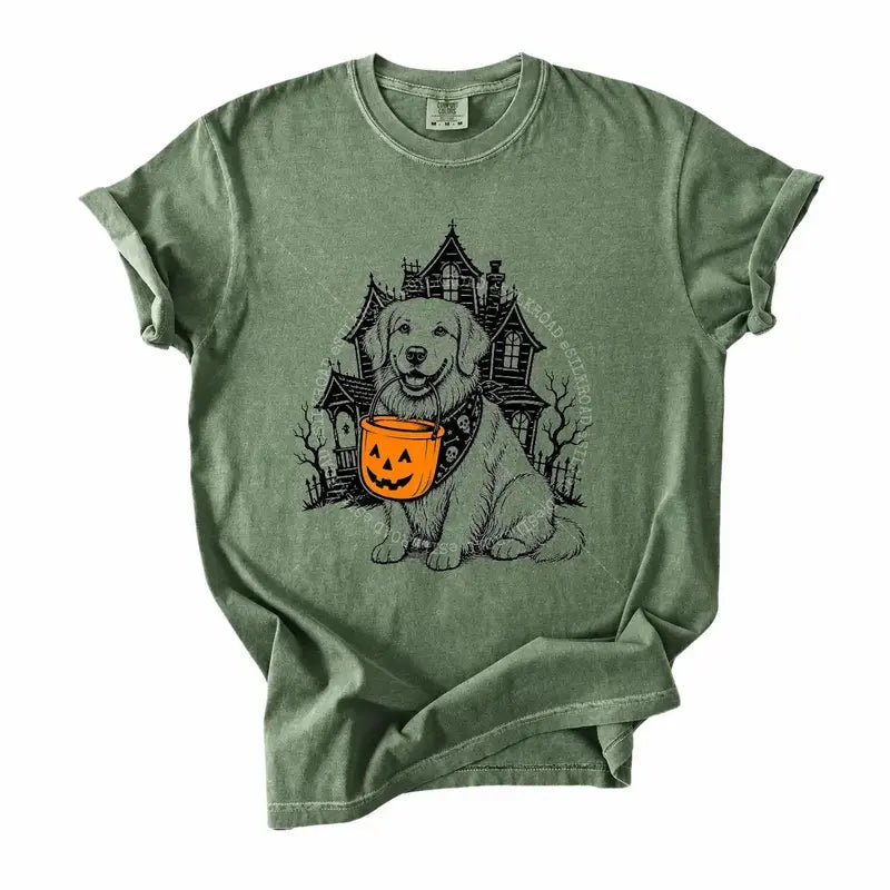 Comfort Colors 50 Dog Breeds Halloween T-Shirt Moss Pumpkin Candy Bucket Tee