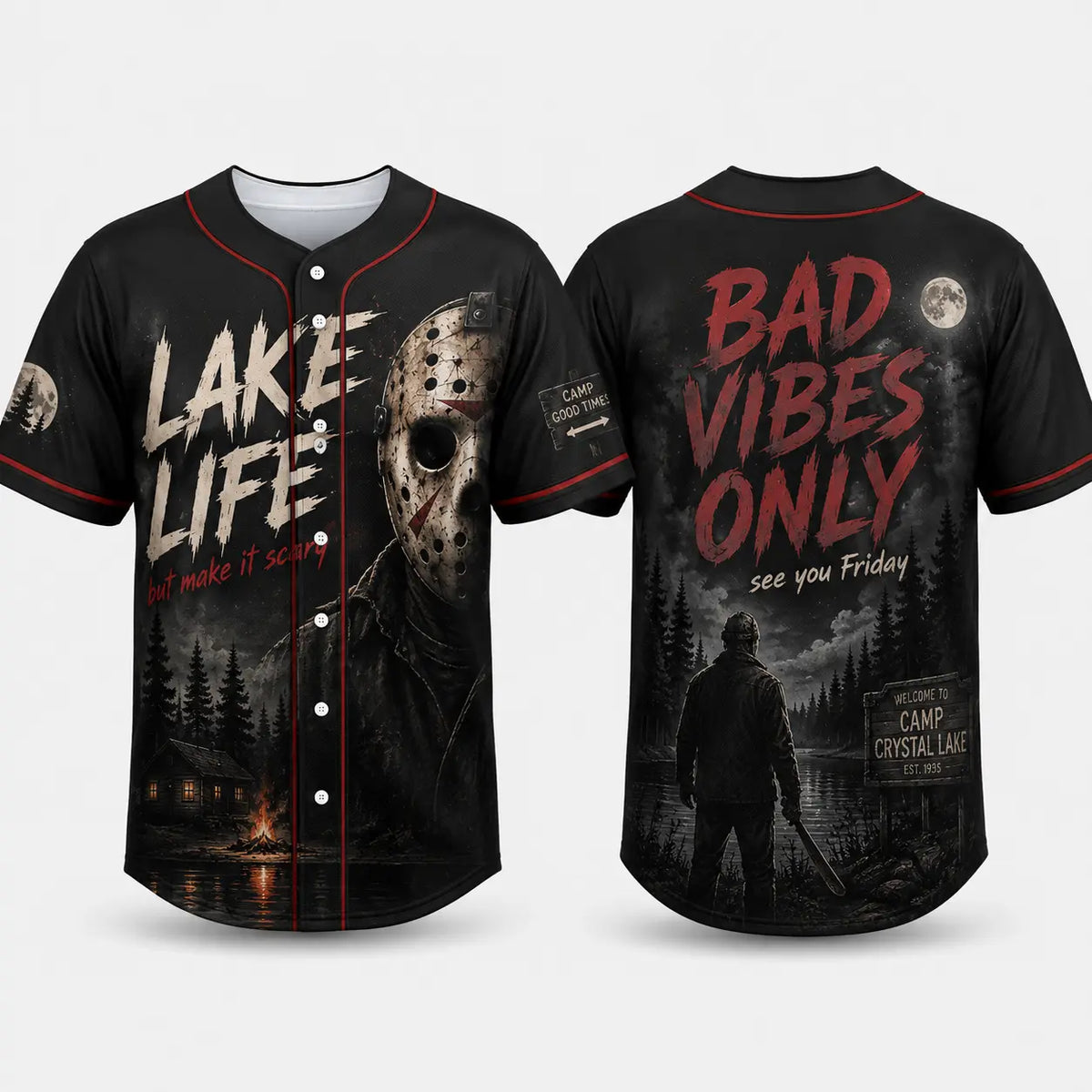 Unisex Horror Graphic Print Baseball Jersey – Slasher Theme Button-Up Shirt