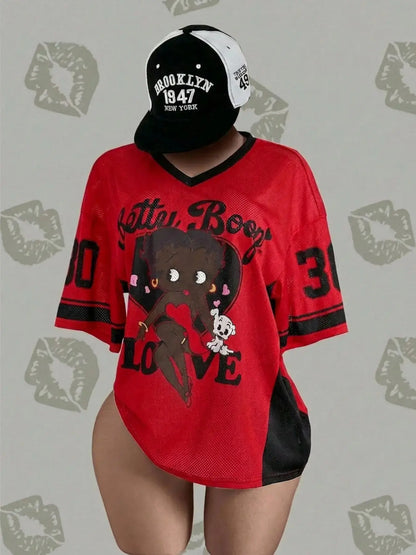 Streetwear Hip-Hop Mesh V-Neck Retro Doll T-Shirt
