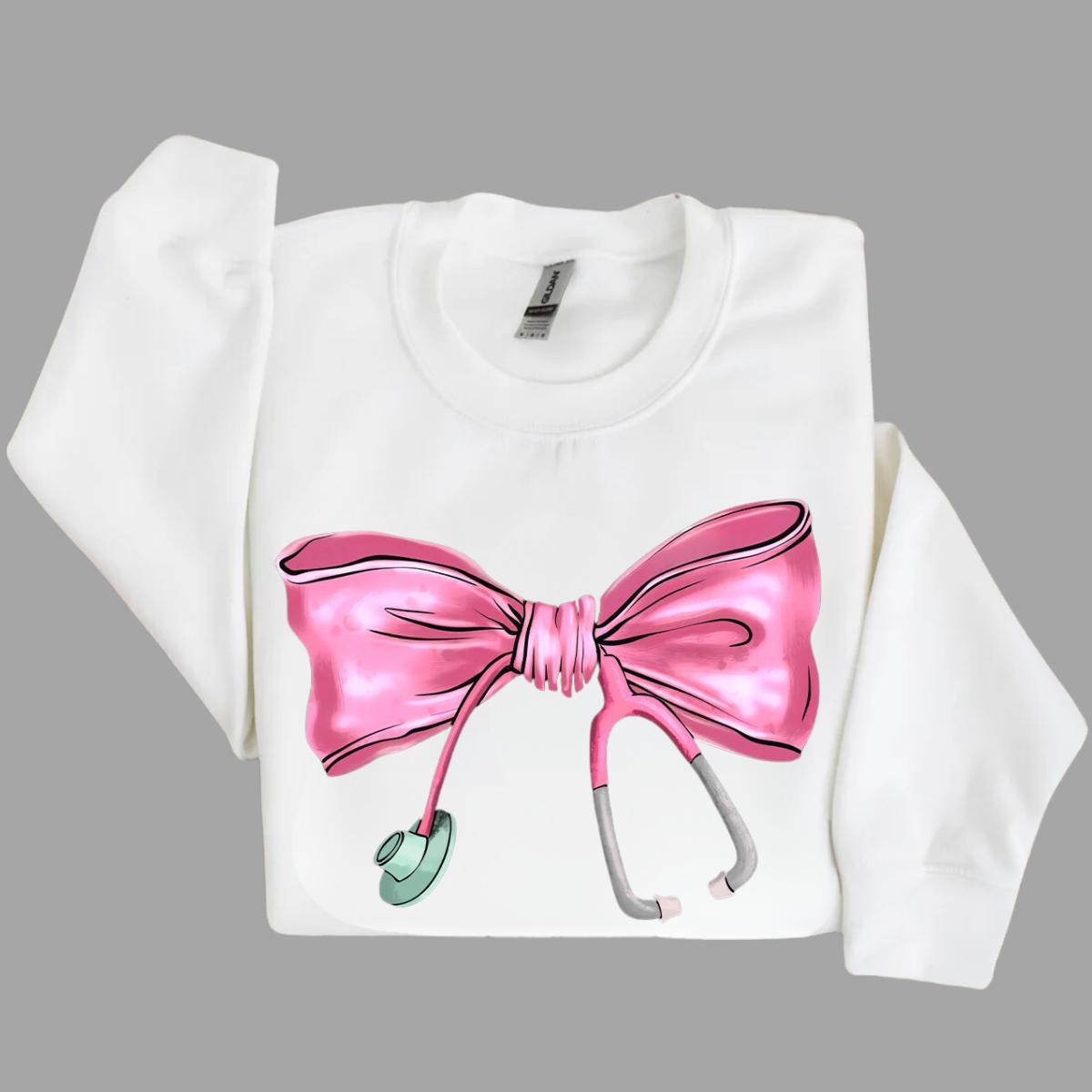 Nurse Stethoscope Bow Sweatshirt, Nurse Pink Sweatshirt, Nurse life Sweatshirt, Nursing School Shirt, Bow Pink Shirt - Hiyatee