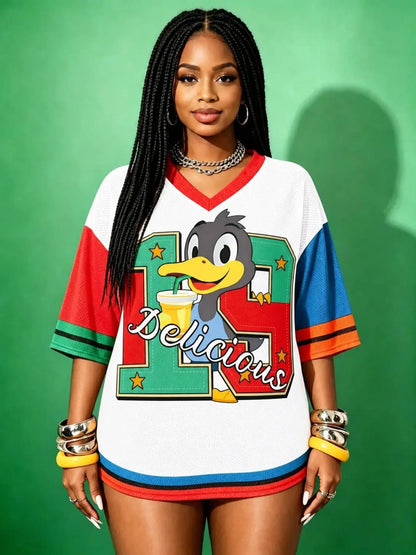 Streetwear Hip-Hop Mesh V-Neck Retro Doll T-Shirt