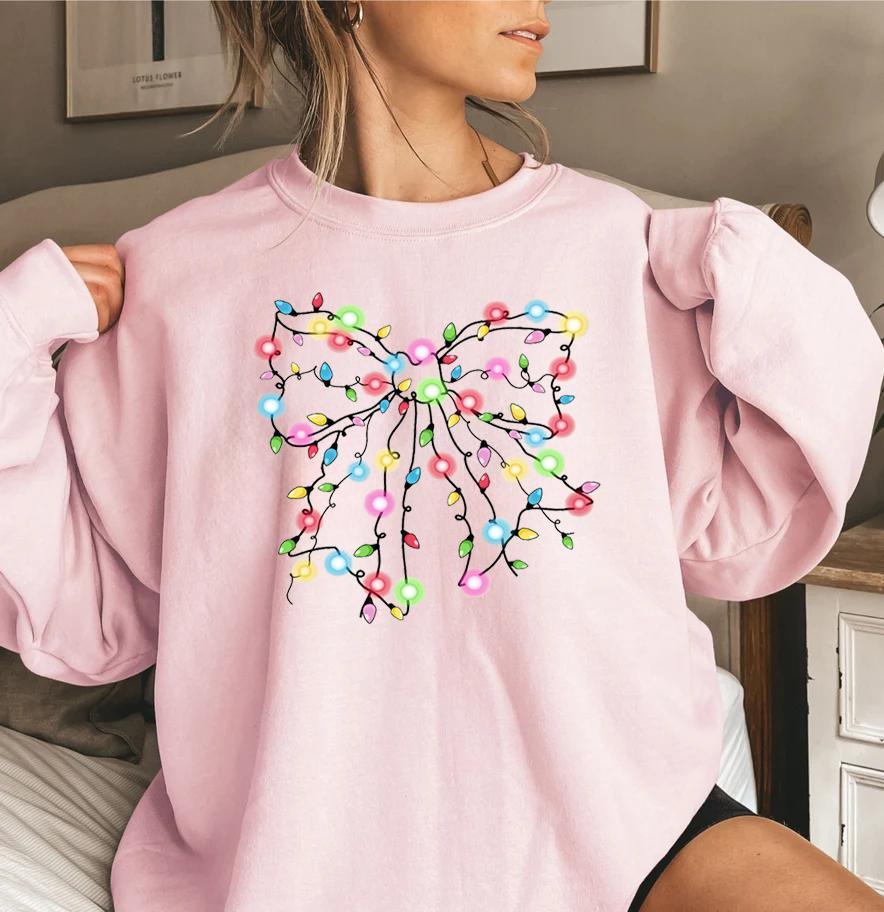 Christmas Lights Coquette Bow Sweatshirt, Christmas Shirt, Christmas Light Sweatshirt, Funny Christmas Sweatshirt - Hiyatee