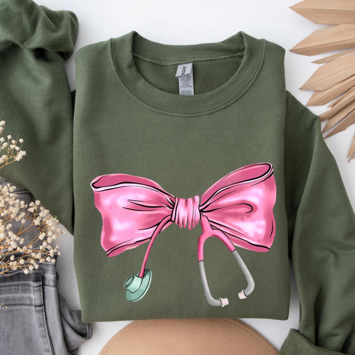 Nurse Stethoscope Bow Sweatshirt, Nurse Pink Sweatshirt, Nurse life Sweatshirt, Nursing School Shirt, Bow Pink Shirt - Hiyatee